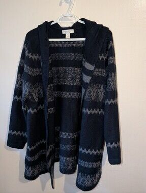 Christopher & Banks Hooded Open-Front Cardigan - Black & Gray Fair Isle